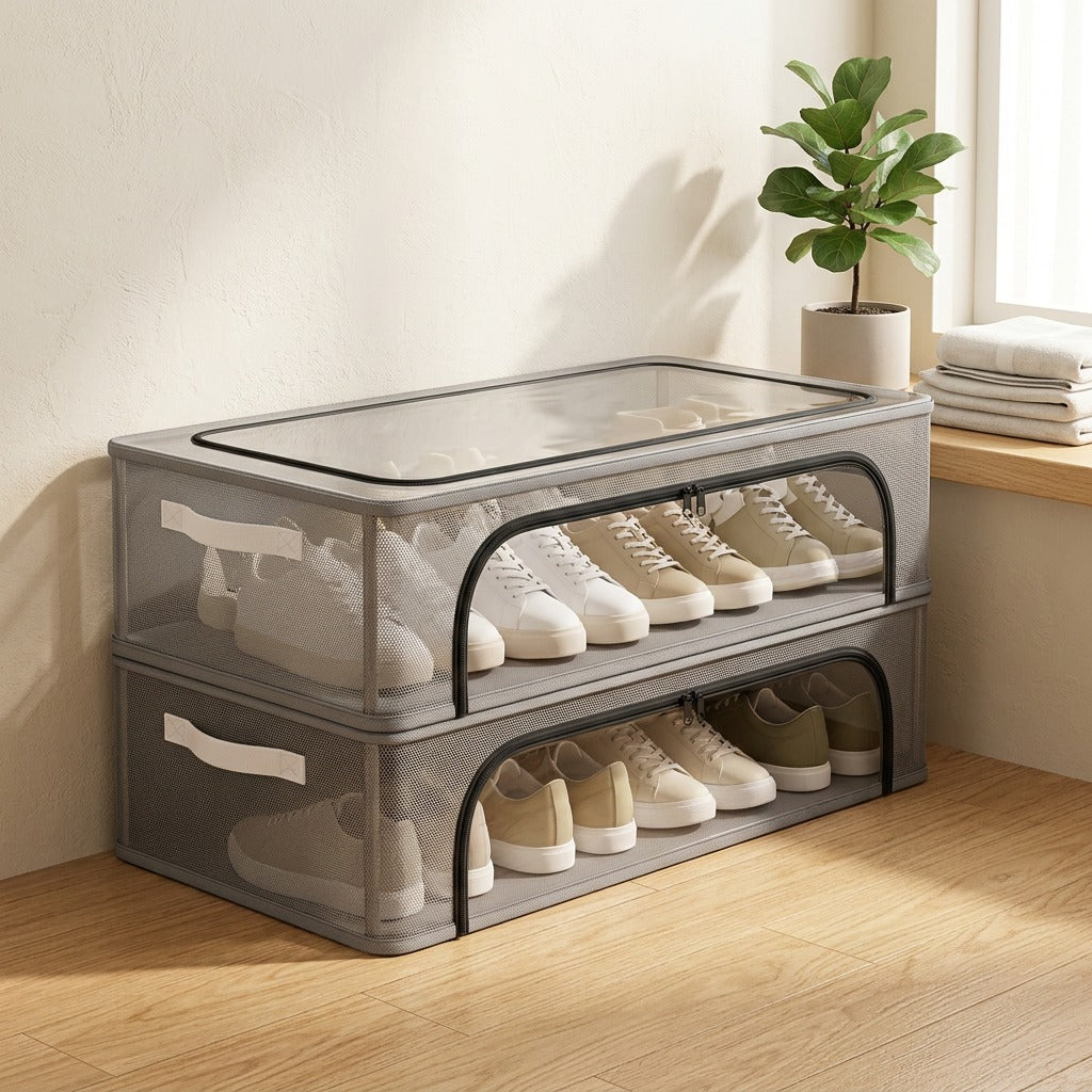 Shoetuck™ Foldable PVC Shoe Storage Box in a calm home setting