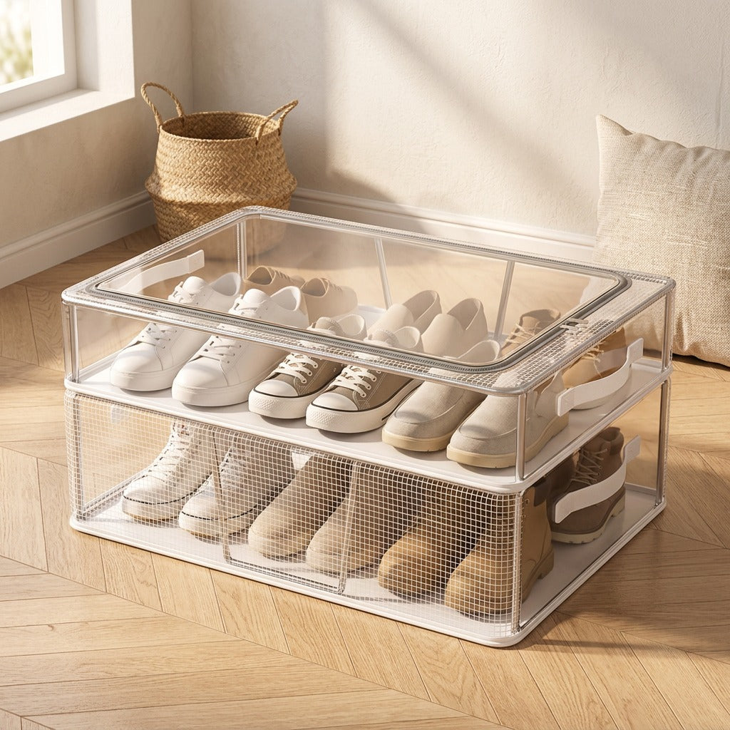 Shoetuck™ Foldable PVC Shoe Storage Box, styled close view