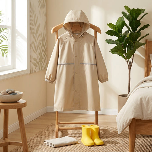 Ponchopop™ Kids Pongee Rain Poncho in a calm home setting