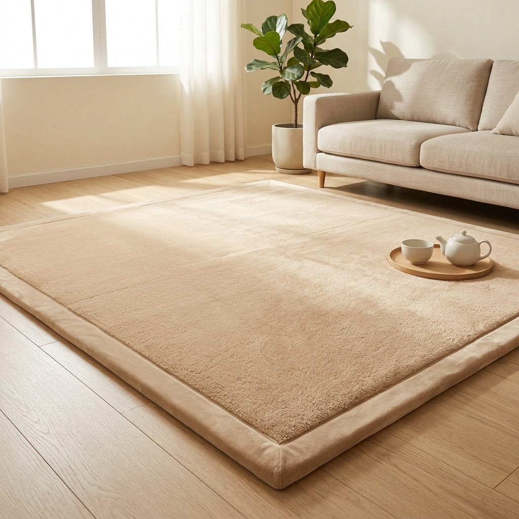 Plushpad™ Coral Velvet Floor Mat in a calm home setting