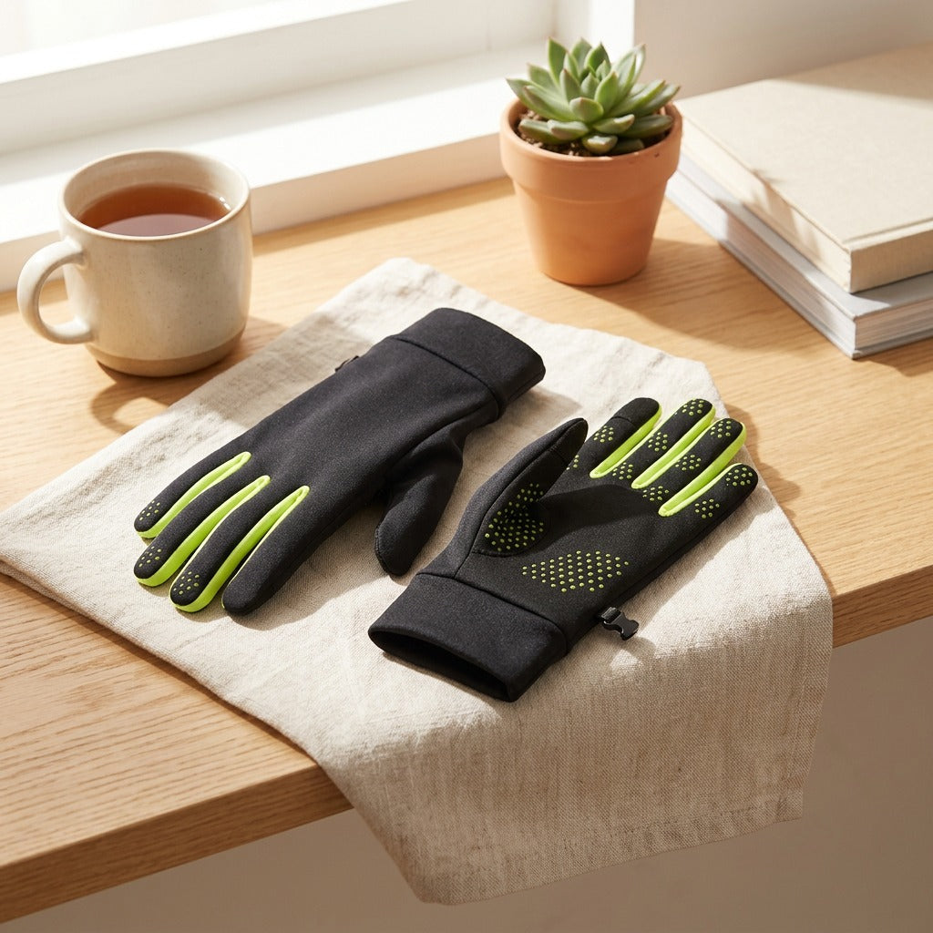 Palmtouch™ Touch Screen Fingerless Winter Gloves in a calm home setting