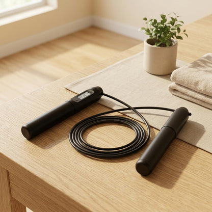 Ropetrack™ Electronic Counting Steel Wire Jump Rope in a calm home setting