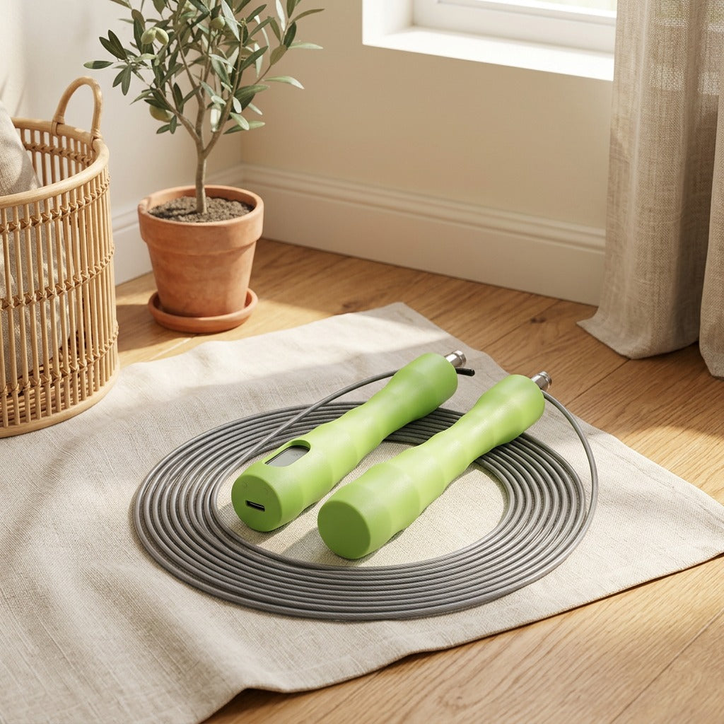 Hopcount™ Electronic Counting Steel Wire Jump Rope in a calm home setting