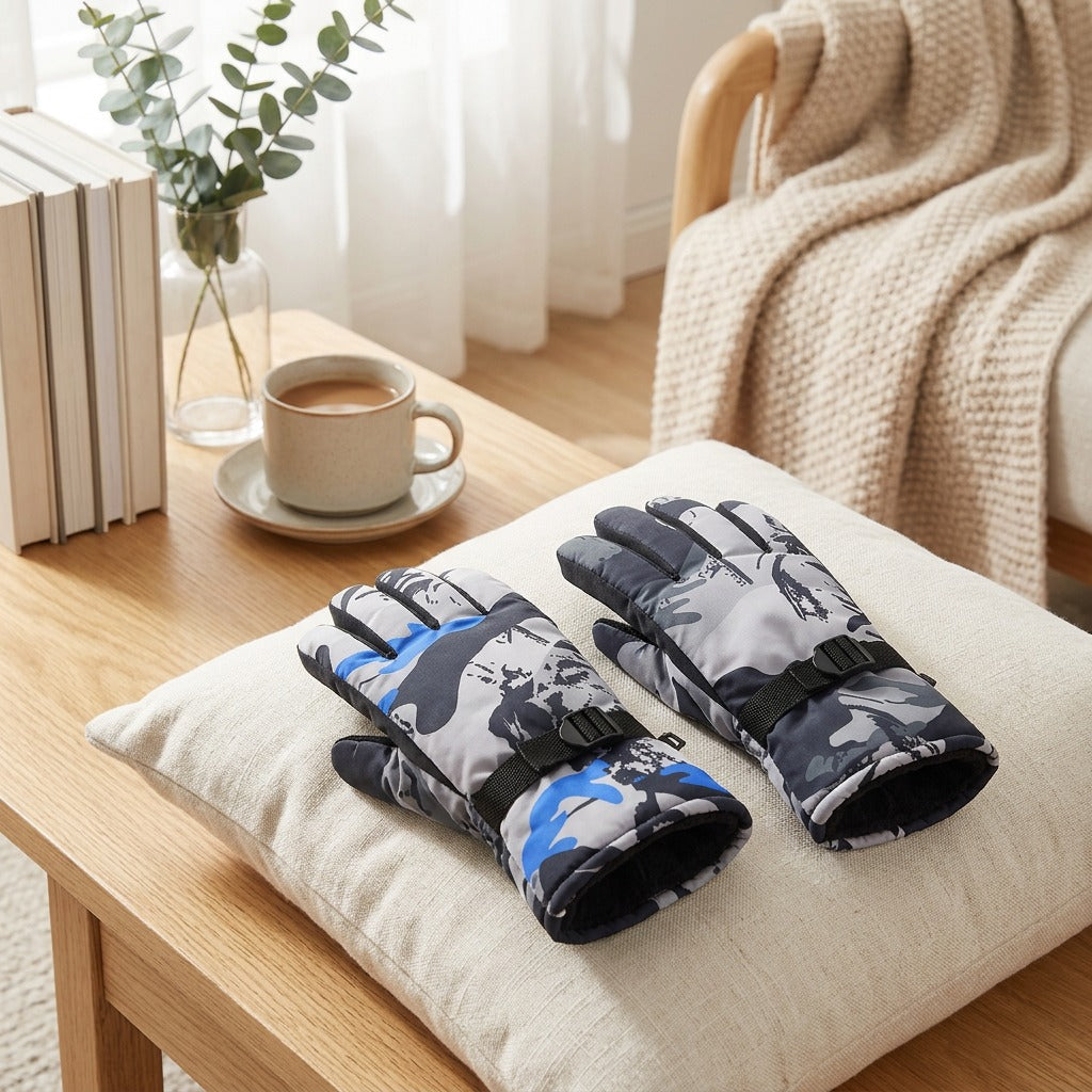 Frostgrip™ Camouflage Winter Warm Gloves in a calm home setting
