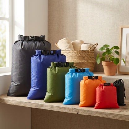 Rainroll™ Six-Size Waterproof Dry Bag Set in a calm home setting