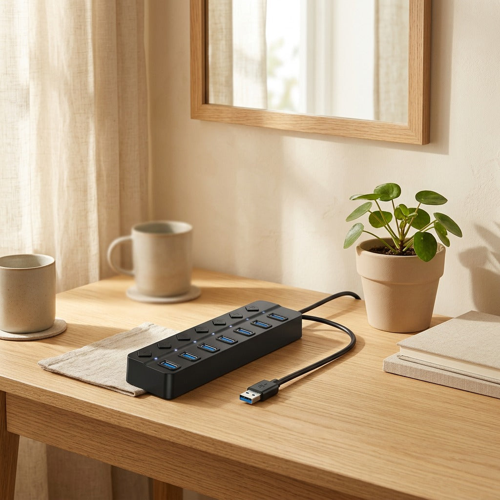 Sevenport™ USB 3.0 Seven-Port Hub in a calm home setting