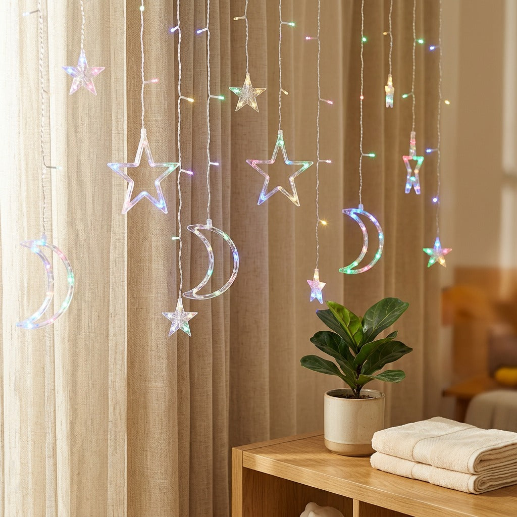Moonwink™ Star Moon String Lights in a calm home setting