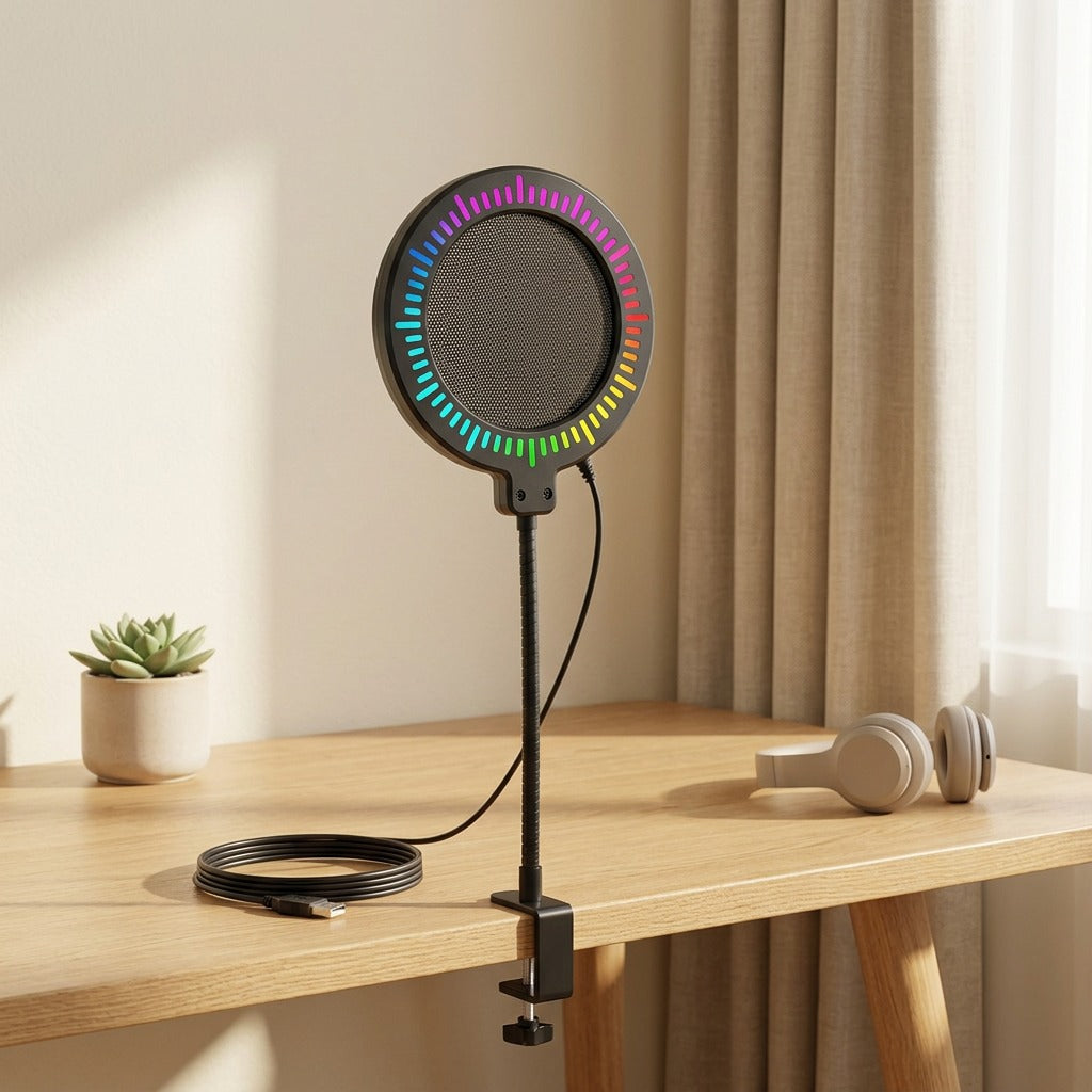 Popquiet™ Black Microphone Pop Filter in a calm home setting