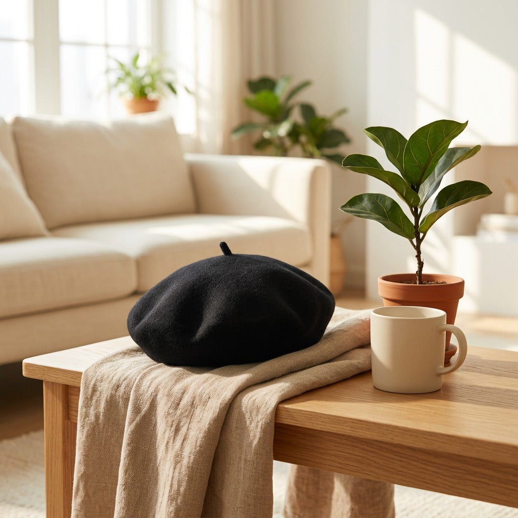 Softdome™ Acrylic Dome Beret Hat in a calm home setting