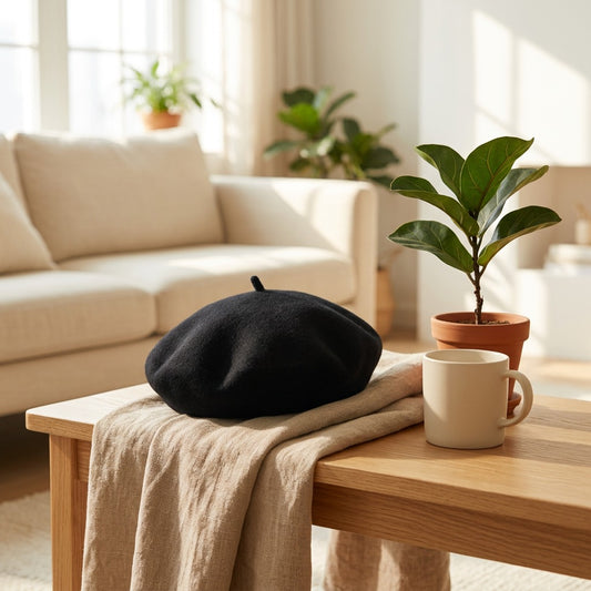 Softdome™ Acrylic Dome Beret Hat in a calm home setting