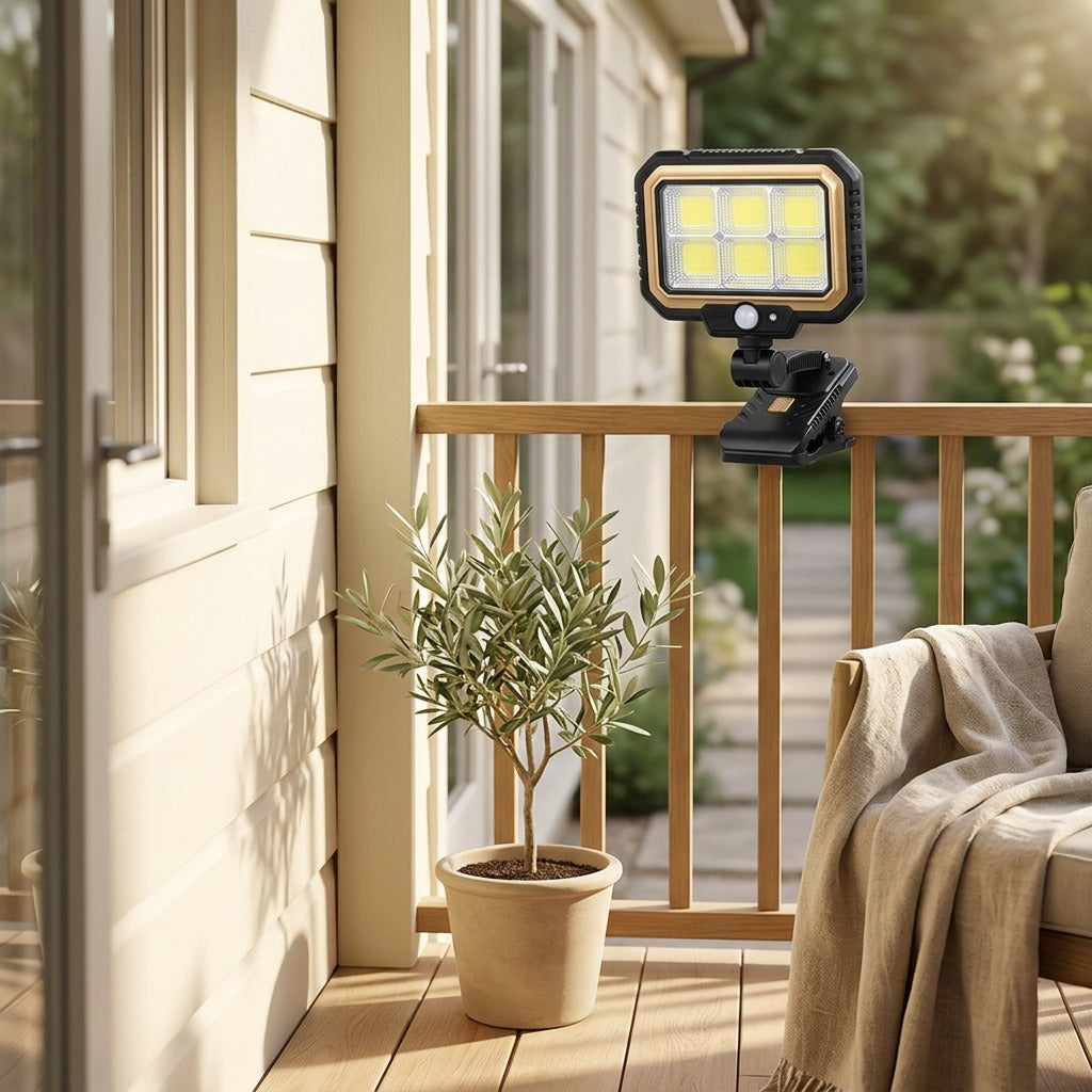 Clipflare™ Solar Clip-On Garden Floodlight in a calm home setting