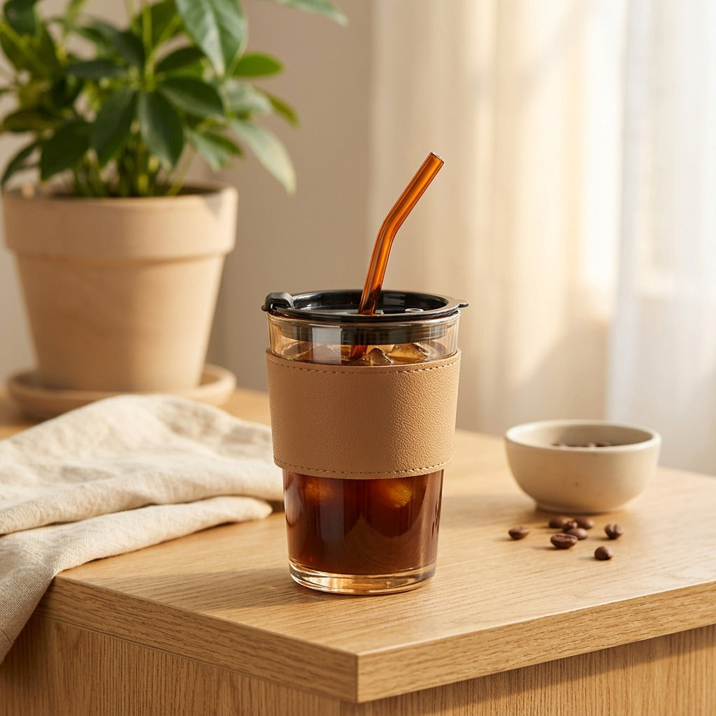 Sipshine™ Round Glass Coffee Cup With Straw in a calm home setting