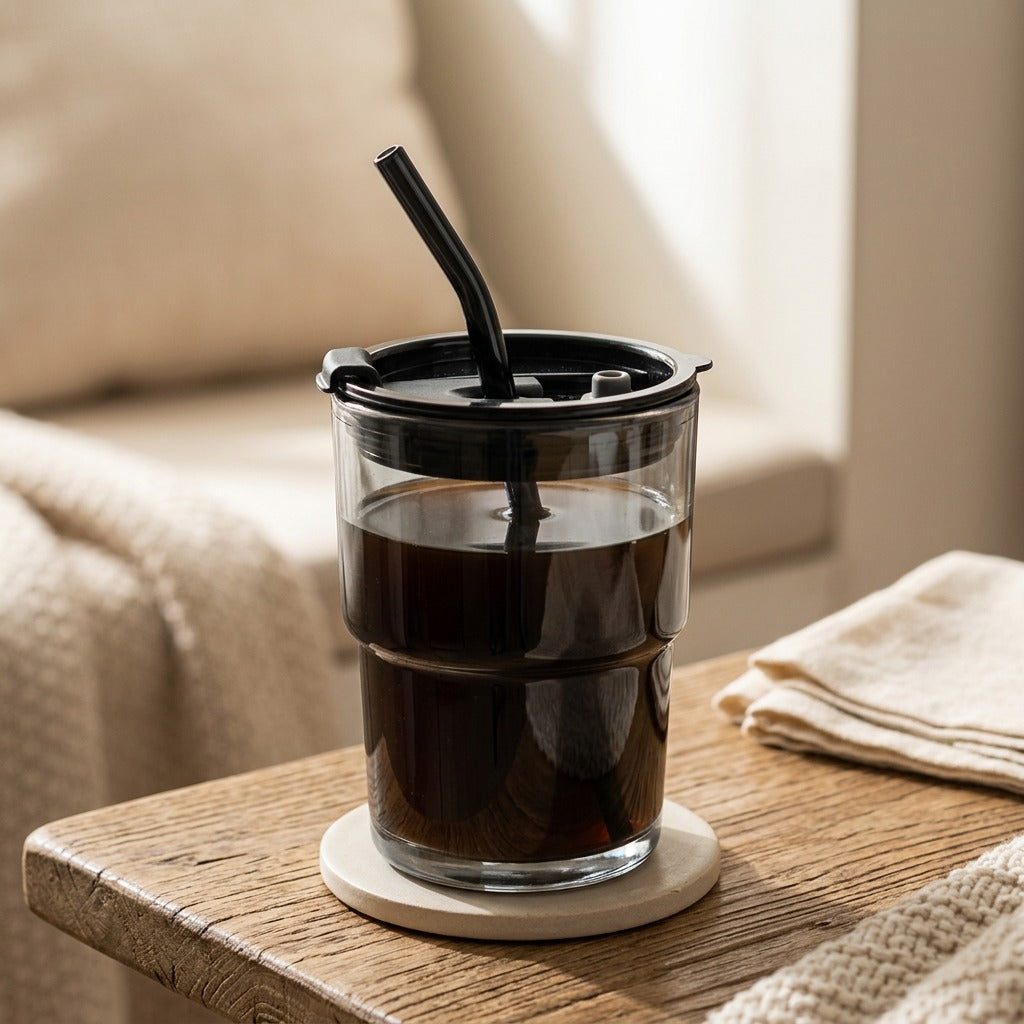 Sipshine™ Round Glass Coffee Cup With Straw, styled close view