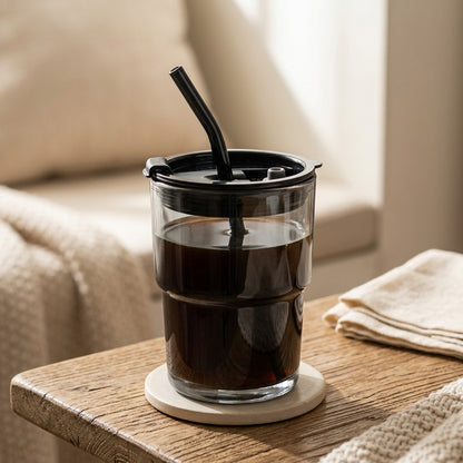 Sipshine™ Round Glass Coffee Cup With Straw, styled close view