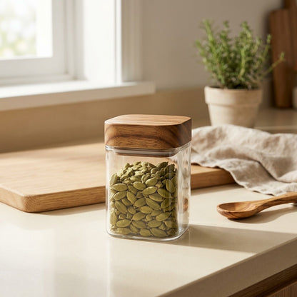 Spicefacet™ Square Glass Seasoning Jar in a calm home setting
