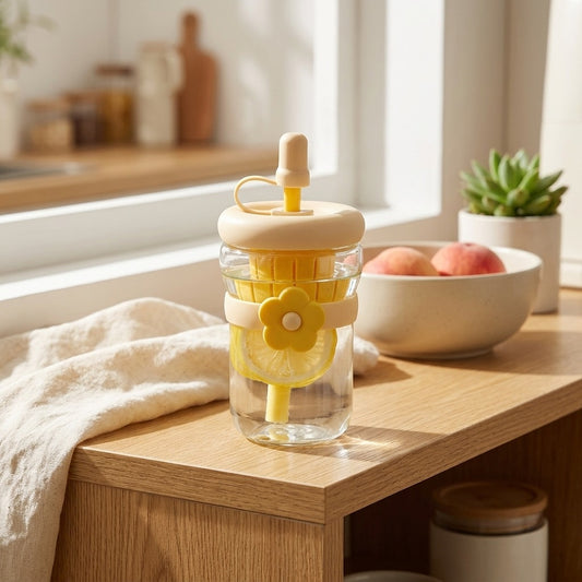 Toonsip™ Cartoon Glass Straw Cup in a calm home setting
