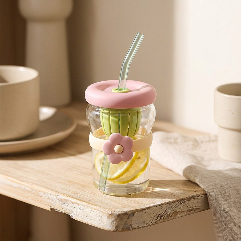 Toonsip™ Cartoon Glass Straw Cup, styled close view