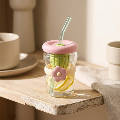 Toonsip™ Cartoon Glass Straw Cup, styled close view