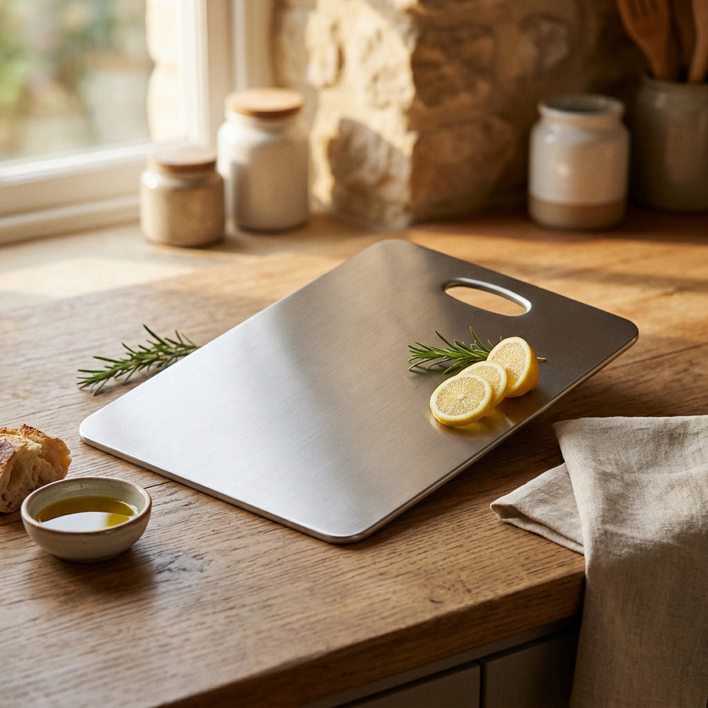 Chopshine™ Stainless Steel Cutting Board, styled close view