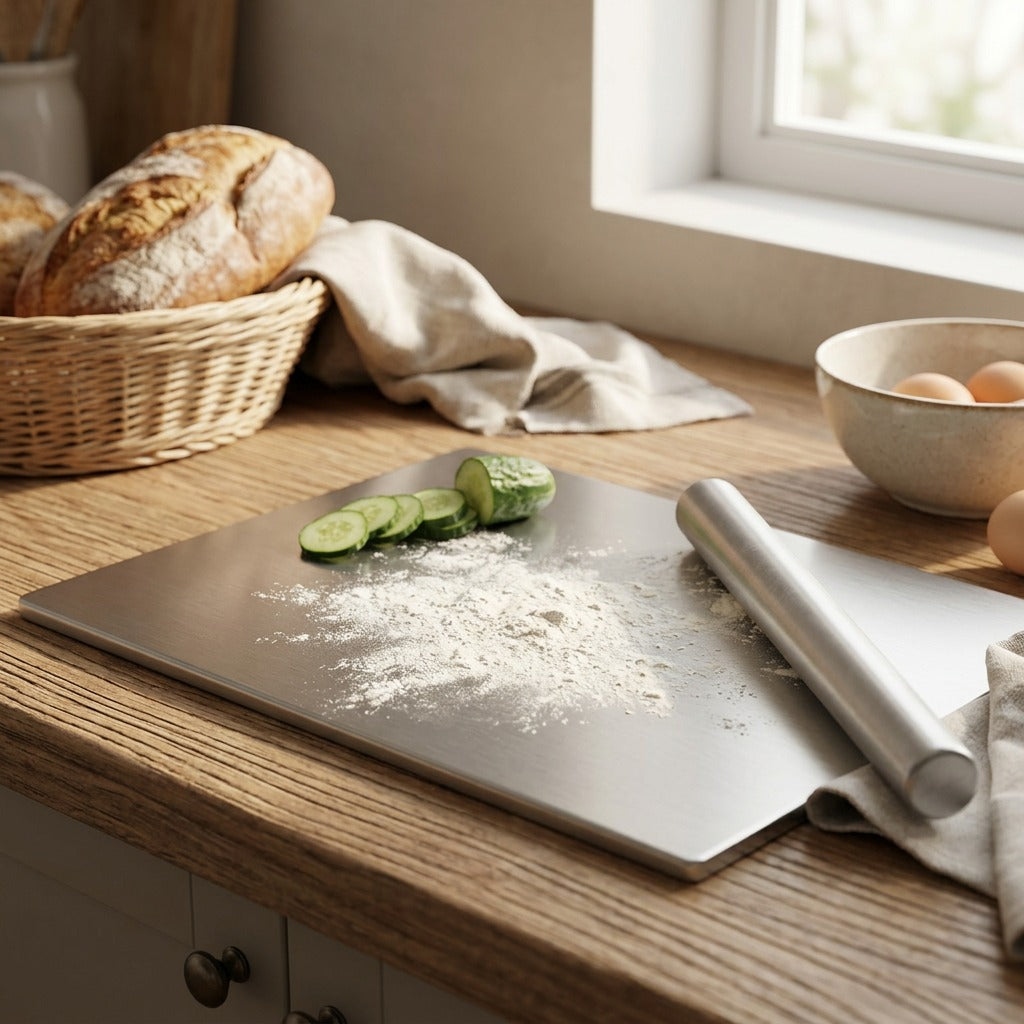 Prepplate™ Stainless Steel Cutting Board Panel, styled close view