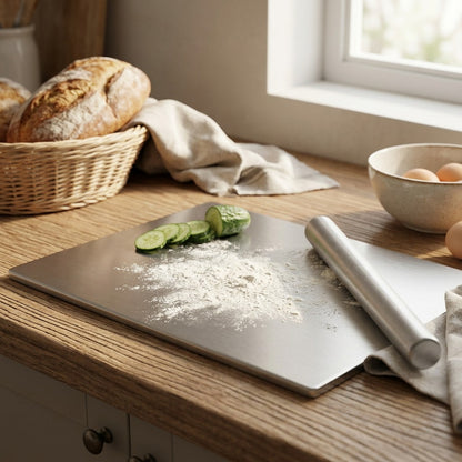 Prepplate™ Stainless Steel Cutting Board Panel, styled close view
