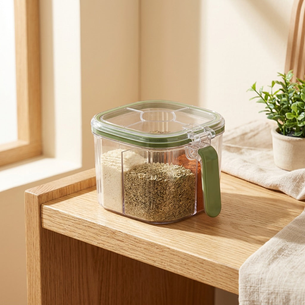 Spicegrid™ Plastic Multi-Grid Seasoning Jar in a calm home setting