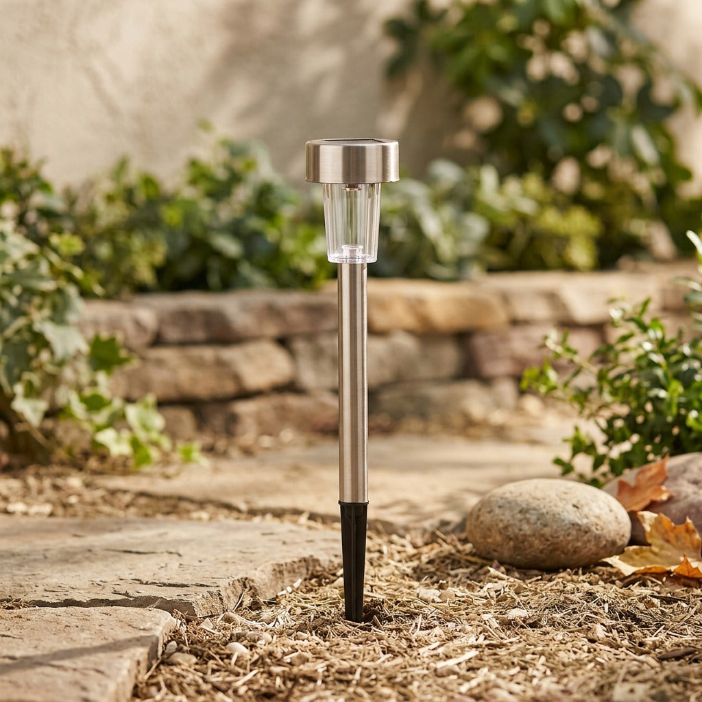 Lawnshine™ Stainless Steel Solar Lawn Light, styled close view