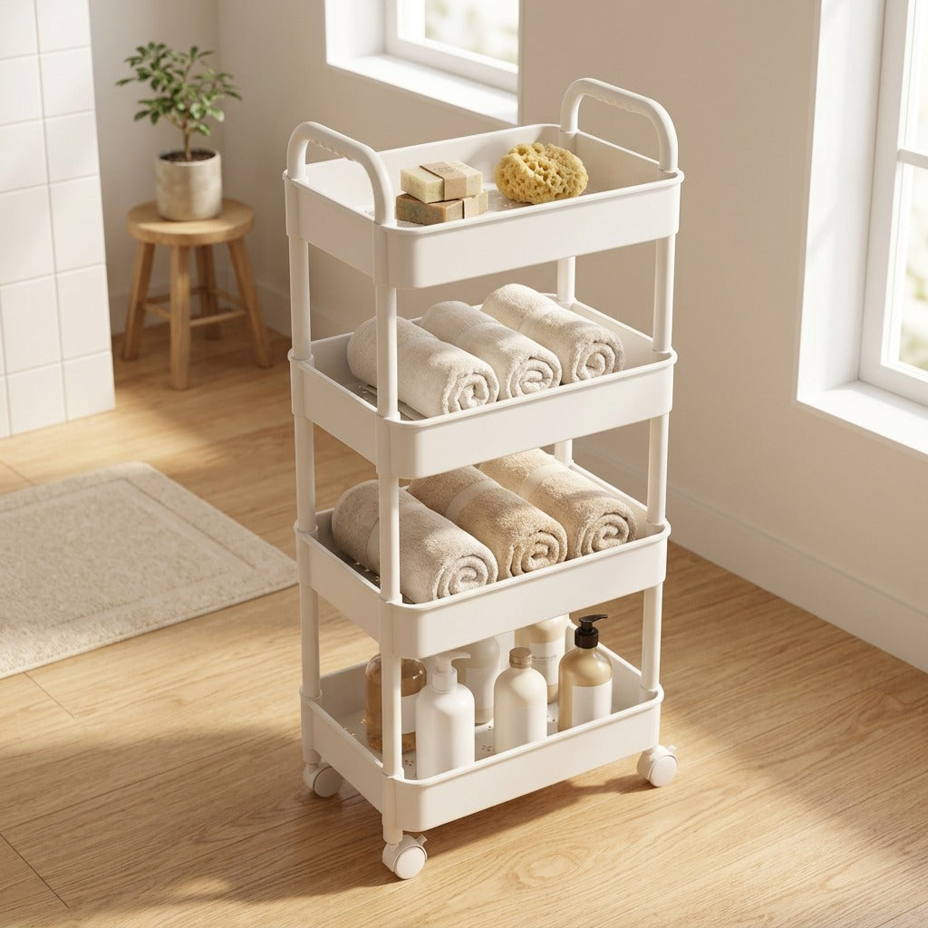 Wheelkeep™ Wheeled Plastic Storage Rack in a calm home setting