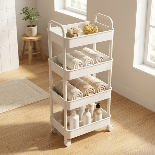 Wheelkeep™ Wheeled Plastic Storage Rack in a calm home setting