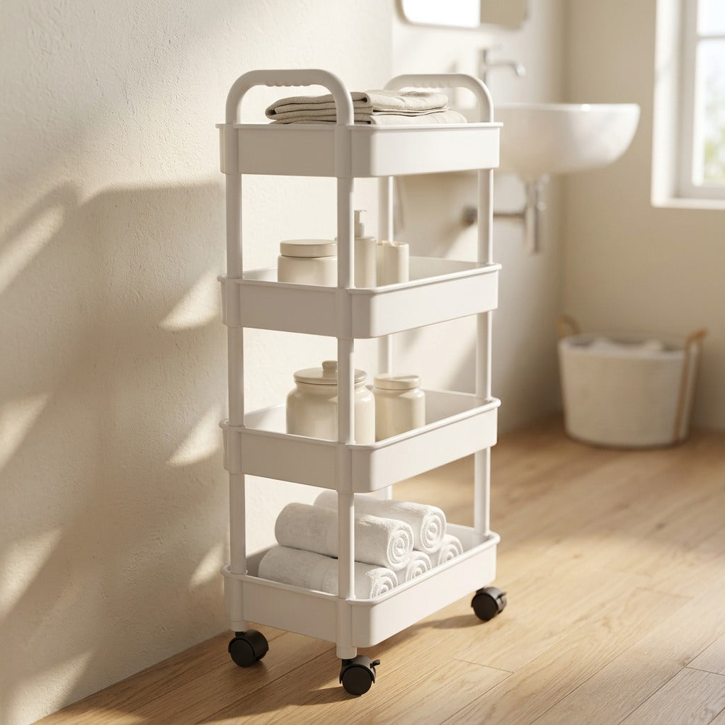 Wheelkeep™ Wheeled Plastic Storage Rack, styled close view