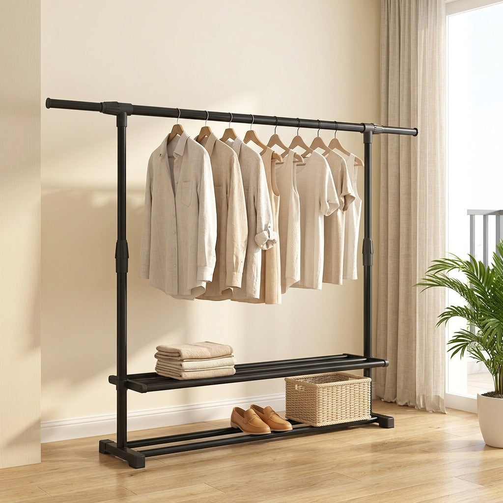 Drybeam™ Iron Double-Rod Clothes Drying Rack in a calm home setting