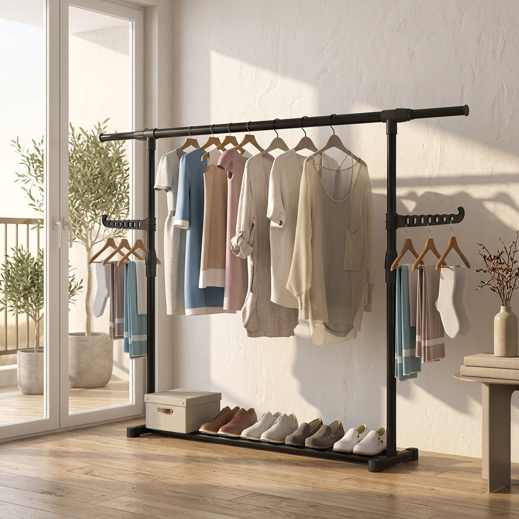Drybeam™ Iron Double-Rod Clothes Drying Rack, styled close view