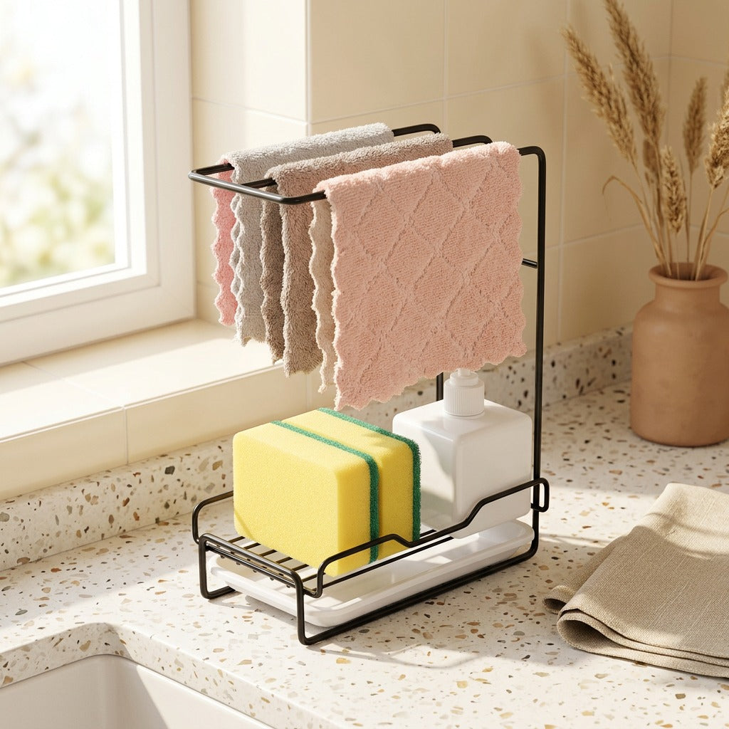 Dishrail™ Iron Kitchen Sponge and Cloth Rack in a calm home setting