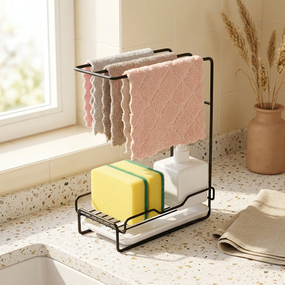 Dishrail™ Iron Kitchen Sponge and Cloth Rack in a calm home setting
