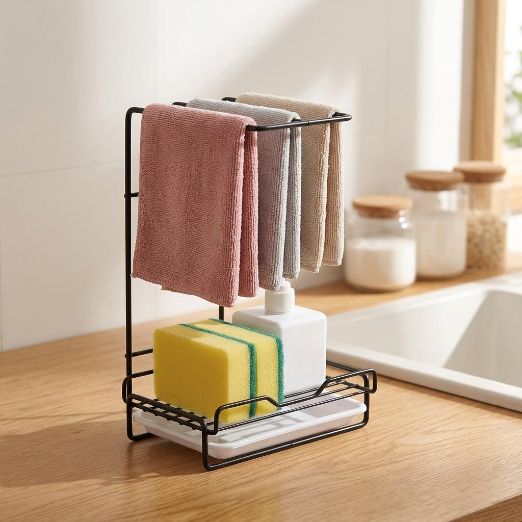 Dishrail™ Iron Kitchen Sponge and Cloth Rack, styled close view