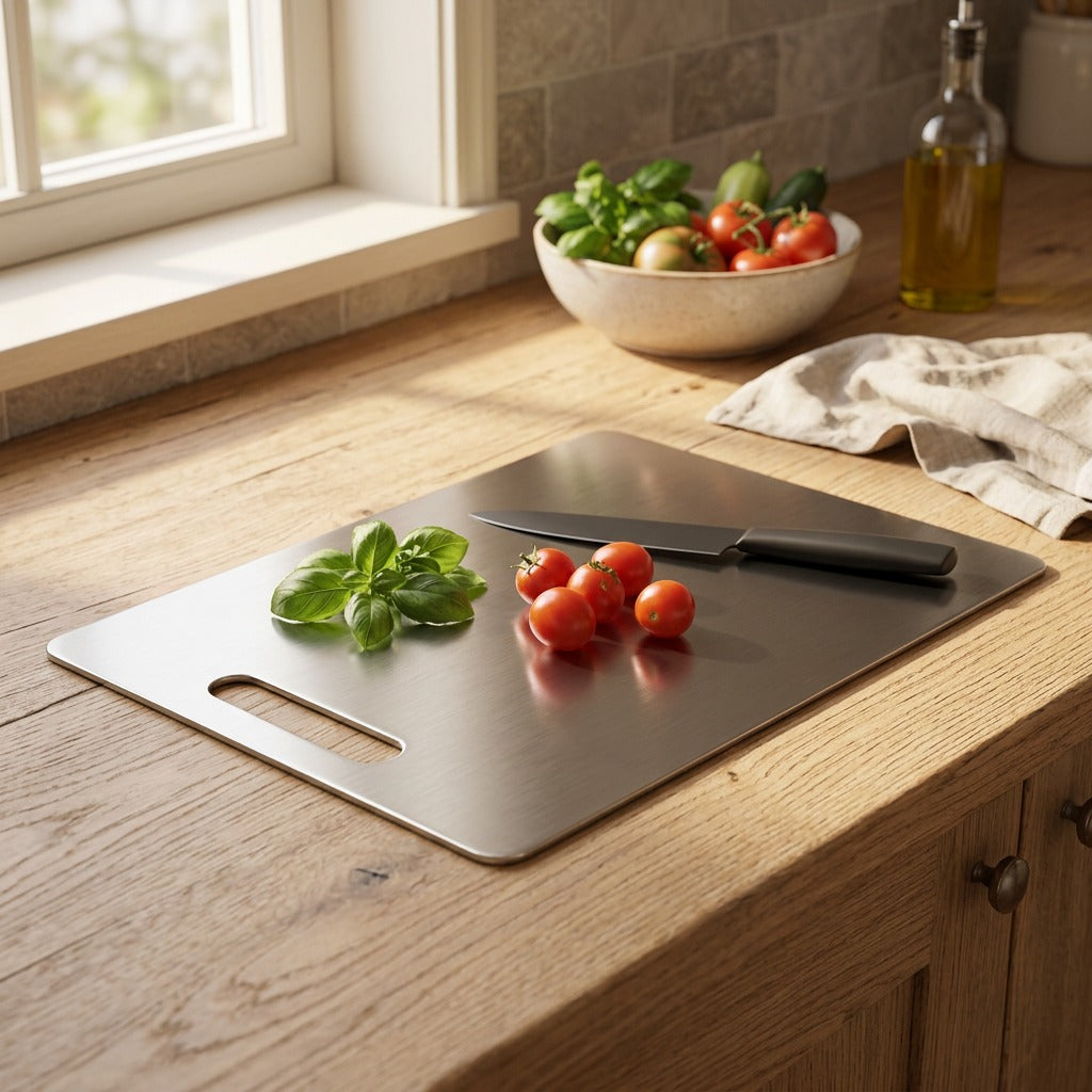 Steelprep™ Stainless Steel Cutting Board, styled close view