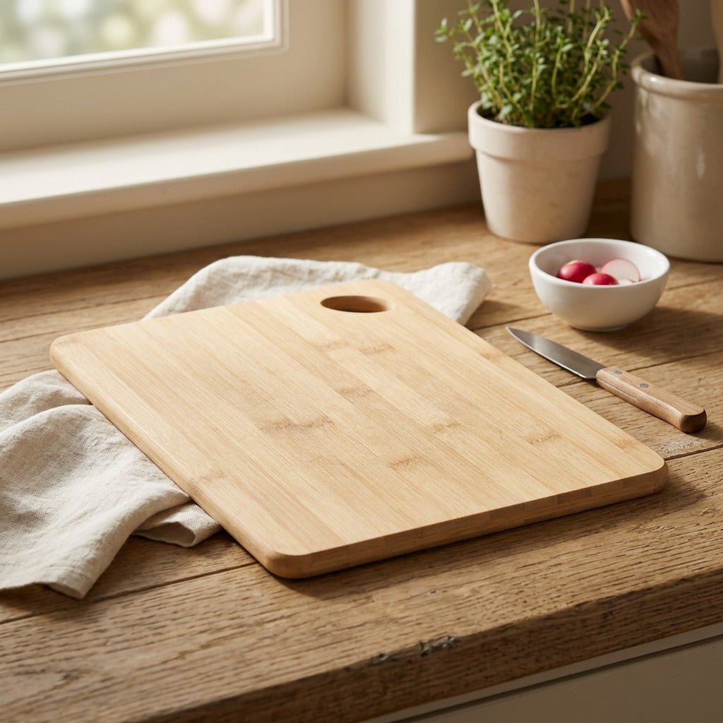 Bamboochop™ Bamboo Cutting Board With Oval Hole, styled close view