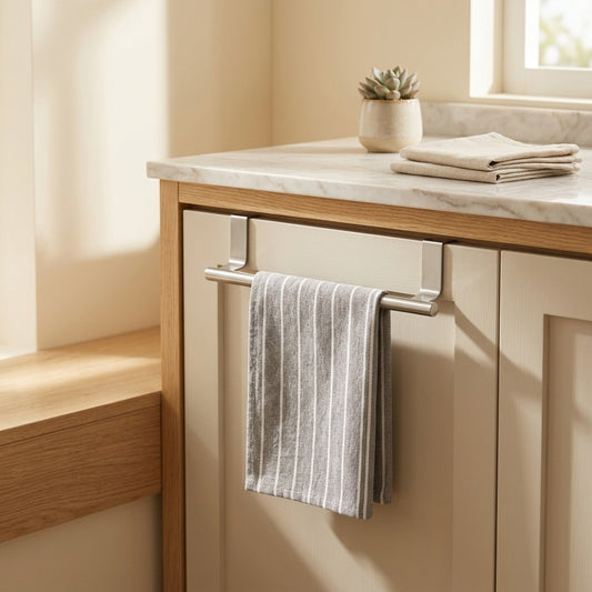 Towelrest™ Stainless Steel Bathroom Towel Bar in a calm home setting