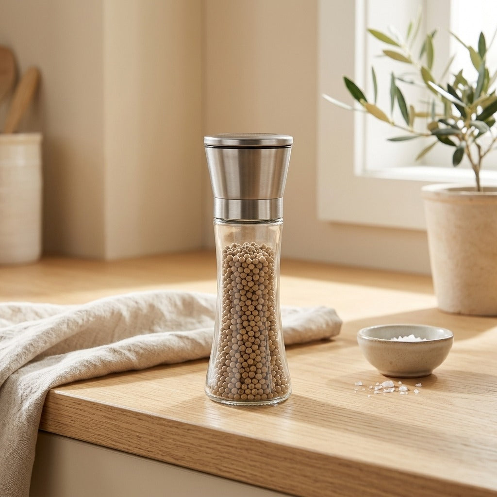 Pepperturn™ Glass Pepper Grinder Bottle in a calm home setting