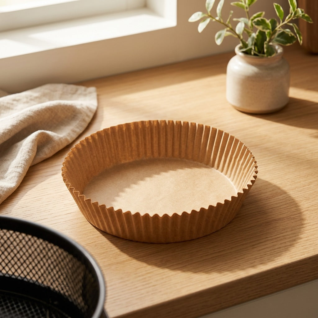 Fryfold™ Silicone Paper Air Fryer Liners in a calm home setting