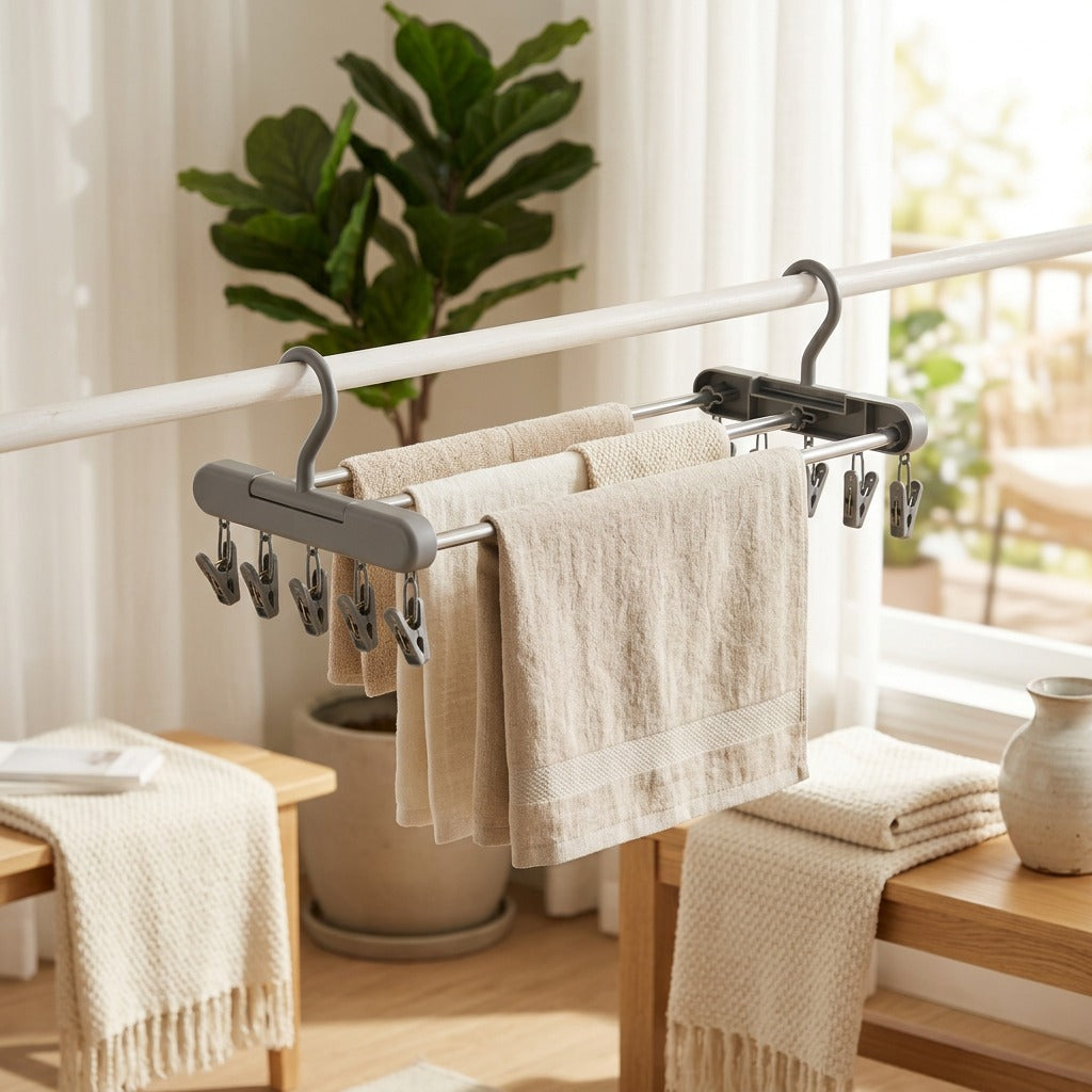 Dryslide™ Retractable Clothes Drying Rack in a calm home setting