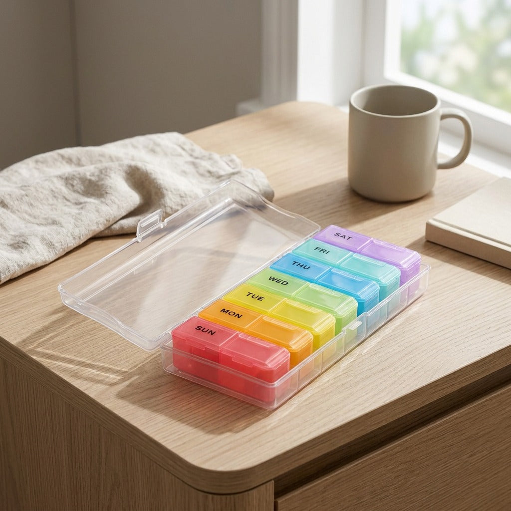 Daygrid™ 14-Grid Seven-Day Medicine Box, styled close view
