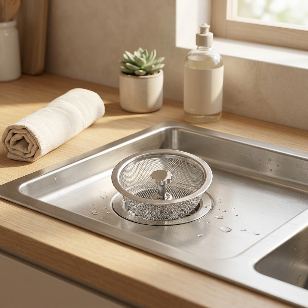 Flowcatch™ Stainless Steel Sink Filter Screen in a calm home setting