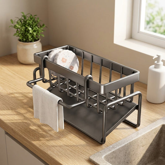 Spongebay™ Carbon Steel Kitchen Sponge Rack in a calm home setting