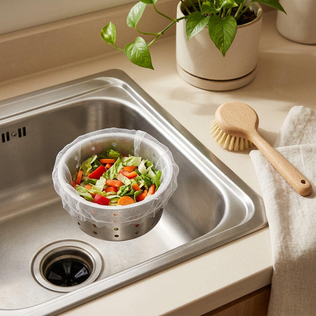Tossweave™ Disposable Mesh Sink Filter Net in a calm home setting