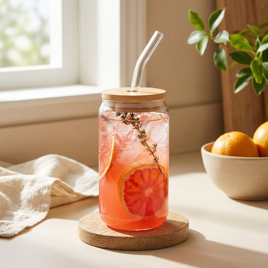 Sipgleam™ 16oz Glass Juice Cup With Straw in a calm home setting