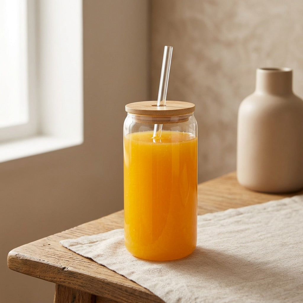 Sipgleam™ 16oz Glass Juice Cup With Straw, styled close view