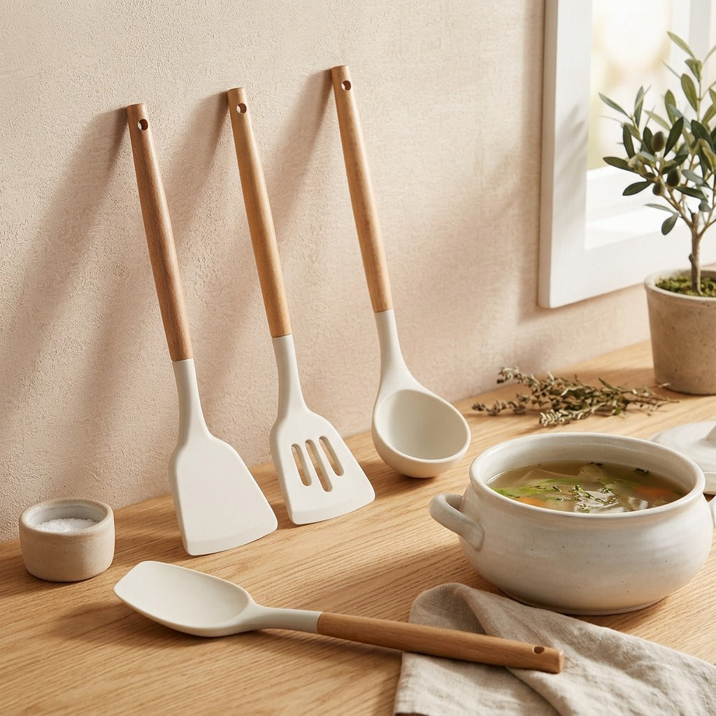 Spoonstir™ Silicone Spatula and Soup Spoon in a calm home setting