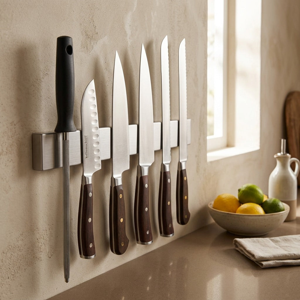 Bladeback™ Stainless Steel Magnetic Knife Holder, styled close view