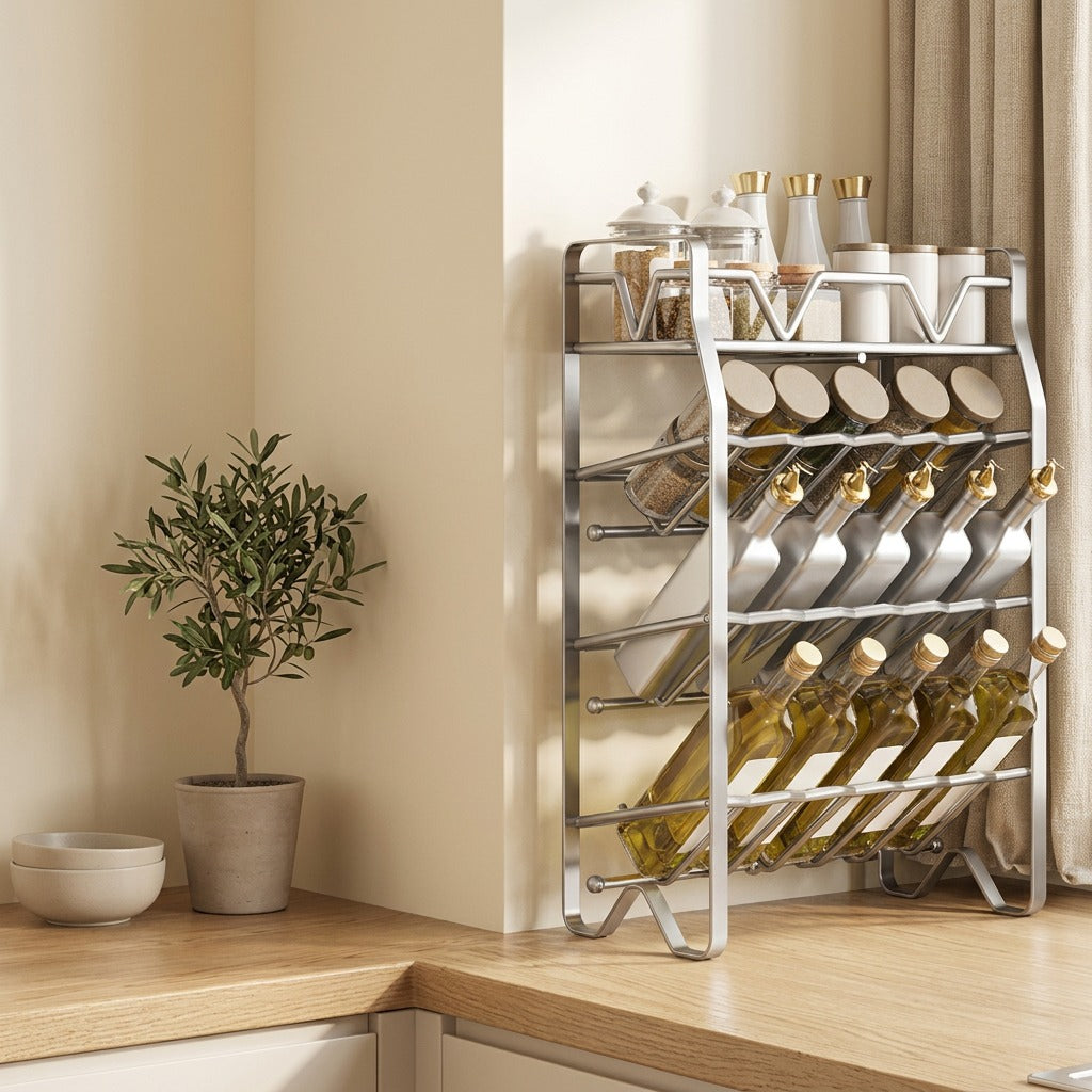 Jarledge™ Stainless Steel Countertop Spice Rack in a calm home setting